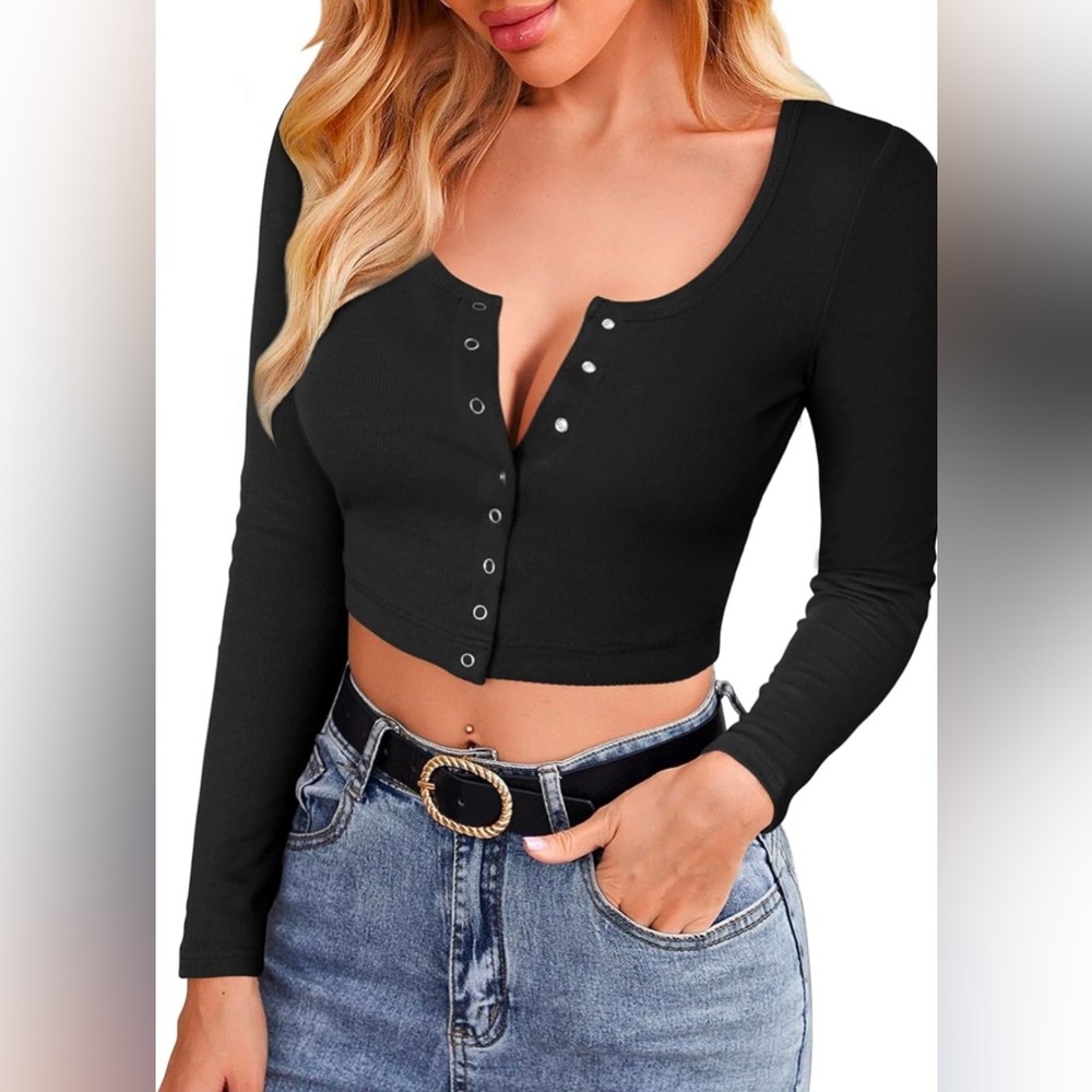 FENSACE Button Down Long Sleeve Crop Top Basic Knit Slim Fit T-Shirt XS